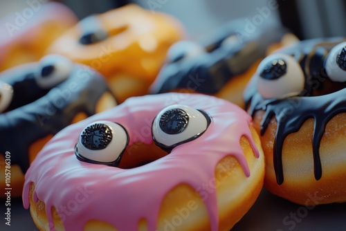 Row of donuts with black and pink eyes. The eyes are made of frosting and are placed on top of the donuts photo