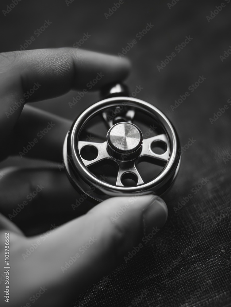 Hand holding a small metal wheel. The wheel is silver and has a black center. The image has a moody, mysterious feel to it Hand holding a small metal wheel. The wheel is silver and has a black center. The image has a moody, mysterious feel to it