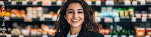 A confident and successful young businesswoman salesperson smiling warmly, conveying positivity and professionalism in a modern supermarket grocery section office environment. Her friendly demeanor sh