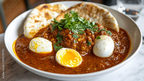 Traditional Ethiopian Doro Wat with Fresh Injera Bread, Berbere Spiced Eggs and House-Made Cottage Cheese, Authentic African Cuisine Photography