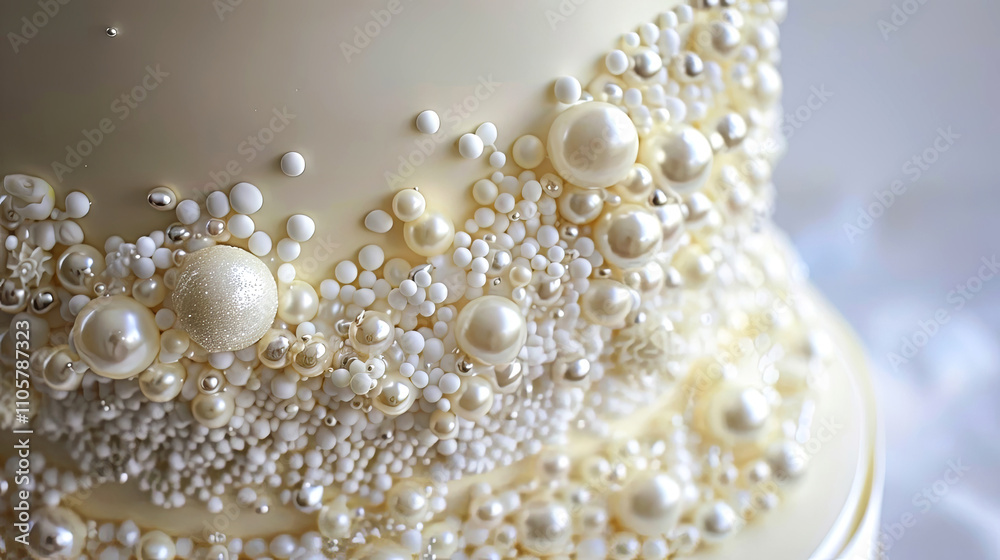 Luxurious cake adorned with intricate pearl-like decorations, radiating elegance and sophistication Luxurious cake adorned with intricate pearl-like decorations, radiating elegance and sophistication
