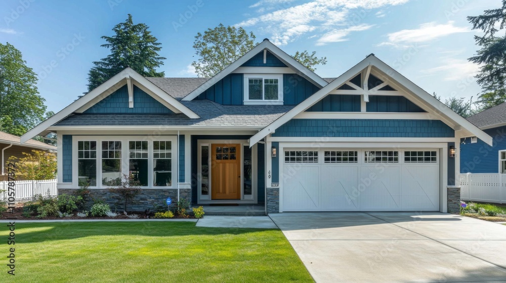 Sunny day view of a beautiful new home exterior showcasing a two-car garage and a covered porch.