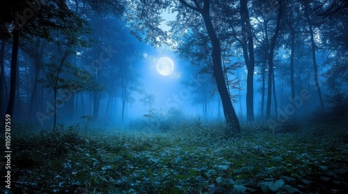 Moonlight casting an ethereal glow through thick fog, creating a mysterious atmosphere in a dense forest