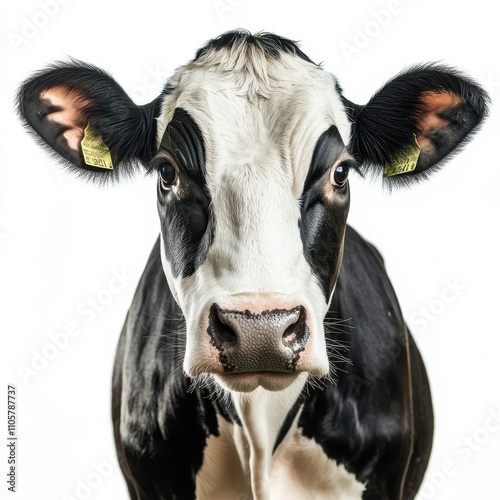 A dairy cow chewing cud, detailed expression and natural stance, isolated on white background photo