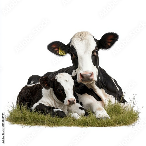 A dairy cow with her calf lying down in a pasture, peaceful and natural, isolated on white background photo