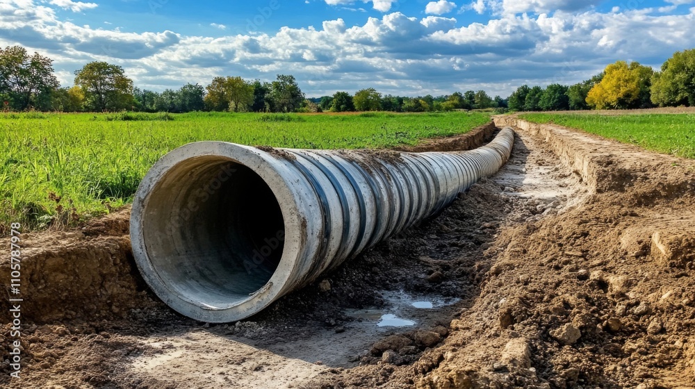 custom made wallpaper toronto digitalAerial view of earthworks preparing for a modern water supply system, featuring large concrete pipes for underground pipeline installation.