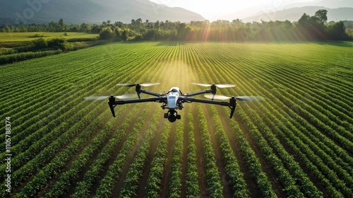 Smart farmer utilizing drones for field research, land scanning, and advanced technology in agriculture for innovation and efficiency.