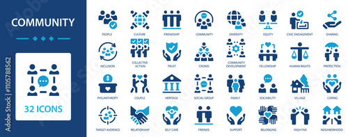 Community icon flat collection. Social life, which includes family, friendship, communication, etc.