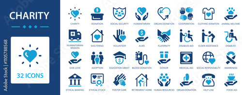 Charity and donation flat icon collection. Volunteer help, financial support, lonoring and care etc.