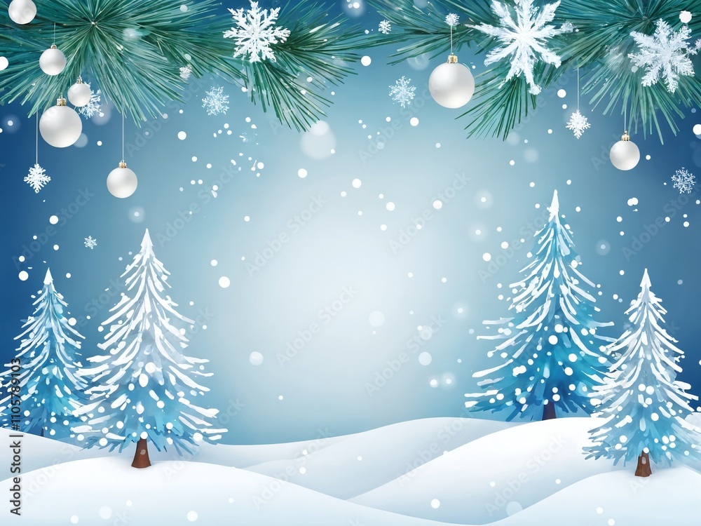 Winter landscape with snow-covered trees and festive decorations in a serene atmosphere Winter landscape with snow-covered trees and festive decorations in a serene atmosphere