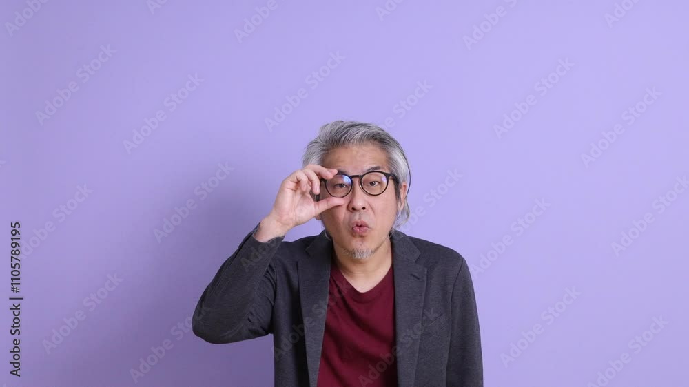 A senior East Asian businessman in a blazer stands against a purple background. A senior East Asian businessman in a blazer stands against a purple background.