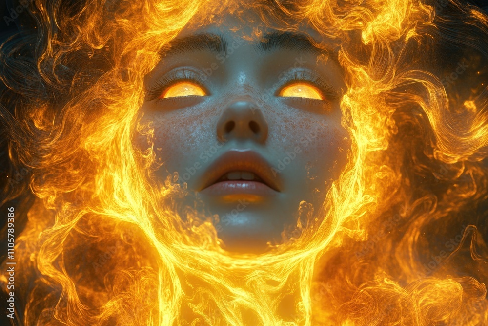 Young female face engulfed in ethereal fiery flames with glowing eyes Young female face engulfed in ethereal fiery flames with glowing eyes