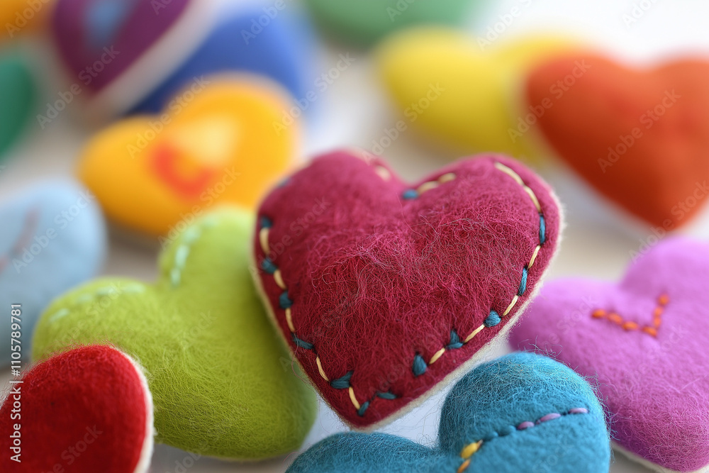 Obraz premium Colorful felt hearts with intricate stitching for a cheerful and artistic display