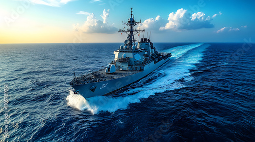 A large ship is sailing through the ocean with a large wave behind it. The sky is cloudy and the sun is setting