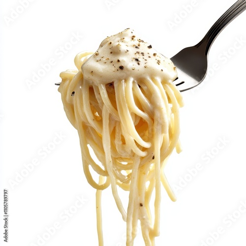 A forkful of spaghetti with creamy Alfredo sauce, detailed pasta and sauce, isolated on white background