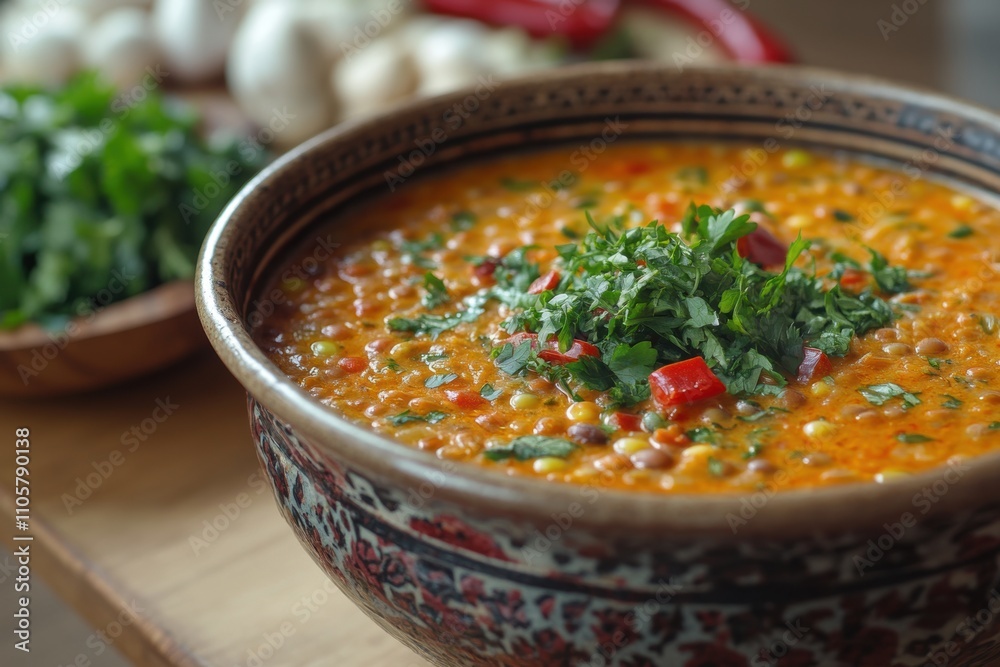 food photography, turkish lentil soup set on a rustic kitchen table, with space for text on a banner food photography, turkish lentil soup set on a rustic kitchen table, with space for text on a banner