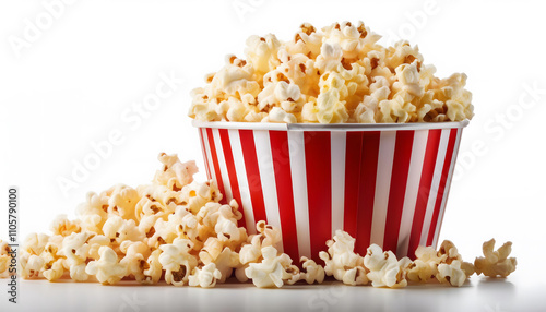 Popcorn with red and white striped bucket isolated on white background