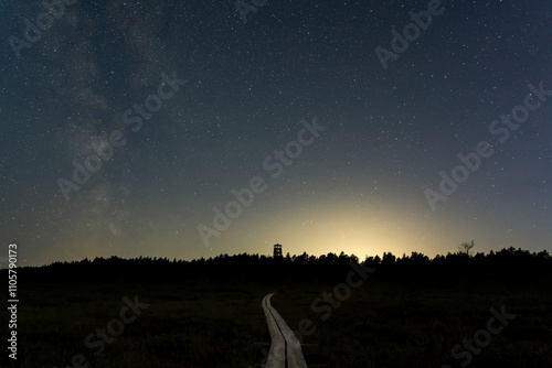 Hiking trail in the Juminda swamp at dark night. Starry sky and milky way. Nature of Estonia. photo