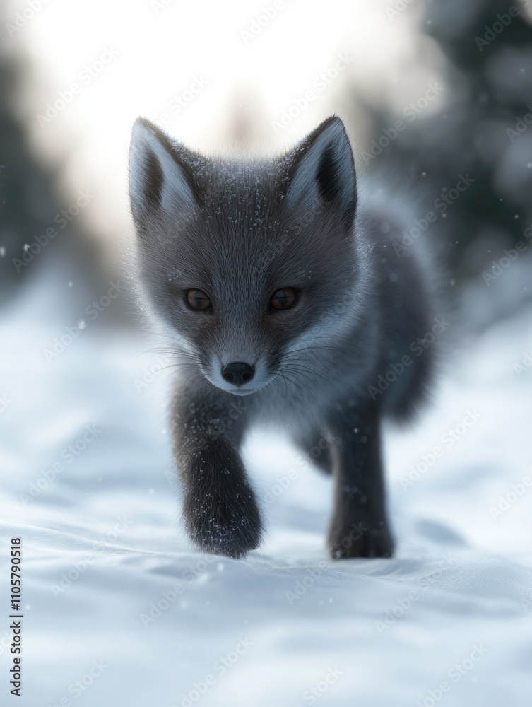 Small gray fox is walking through the snow. The image has a peaceful and serene mood, as the fox is the only living creature visible in the scene Small gray fox is walking through the snow. The image has a peaceful and serene mood, as the fox is the only living creature visible in the scene