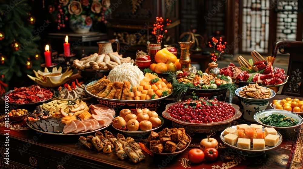 Abundant feast of Chinese New Year dishes on a dark wooden table. Abundant feast of Chinese New Year dishes on a dark wooden table.