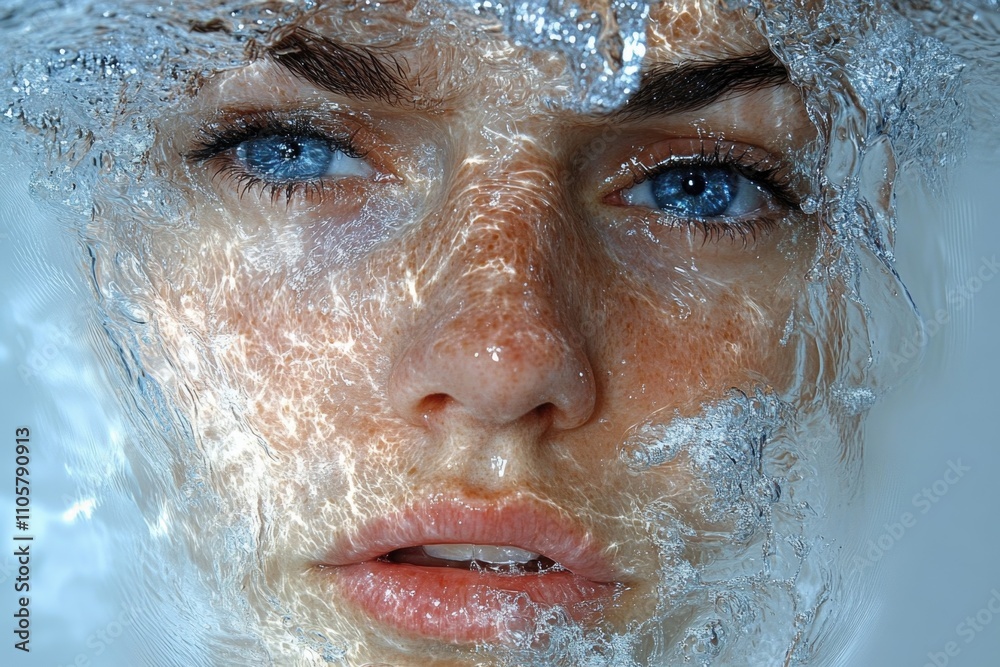 Close-up portrait of young female with striking blue eyes under water surface Close-up portrait of young female with striking blue eyes under water surface