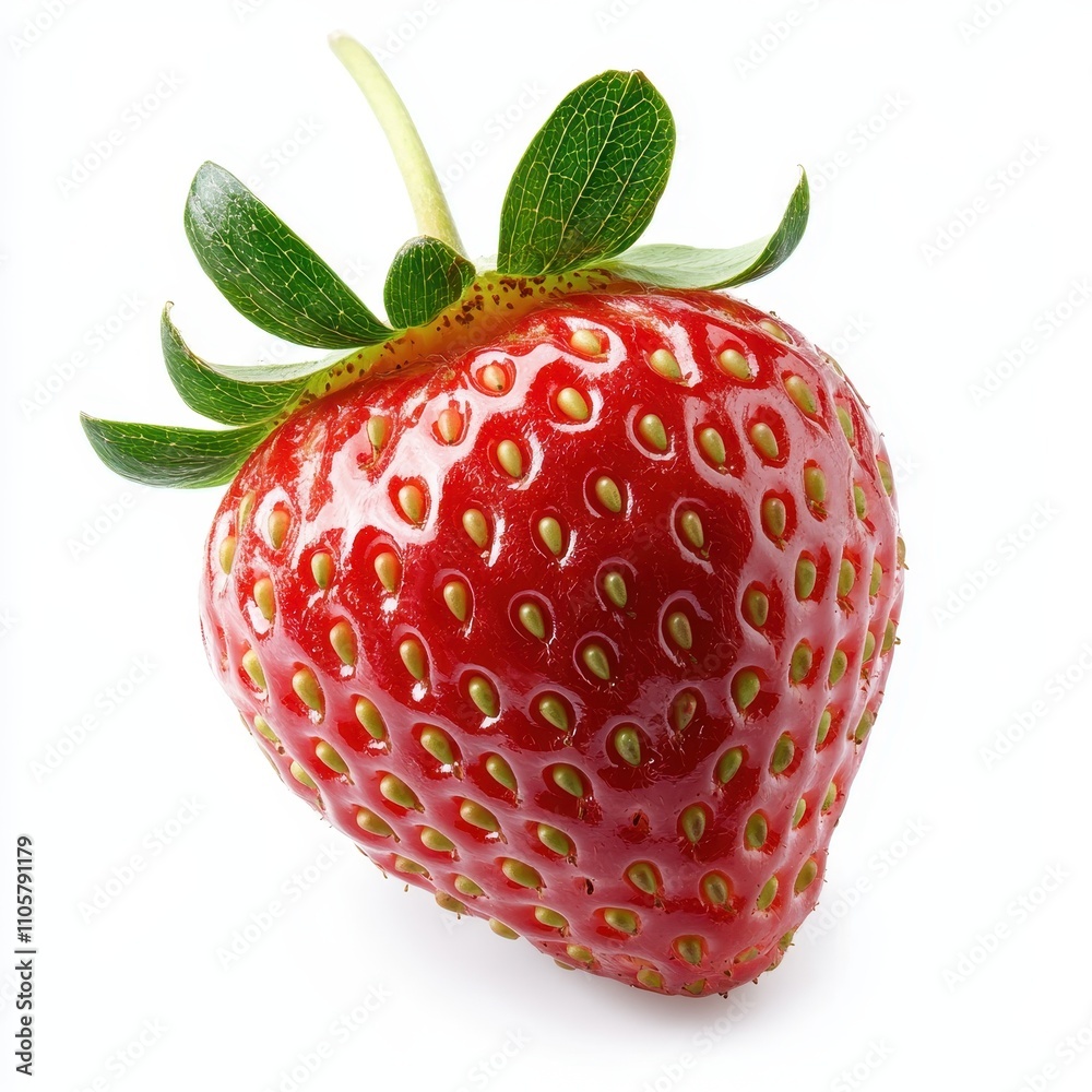 Ταπετσαρία A close-up of a fresh strawberry with green leaves and a shiny surface, isolated