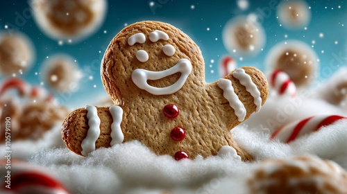 gingerbread man cookie with white icing decorations, resting on a bed of white fluffy substance, surrounded by candy canes and other cookies photo