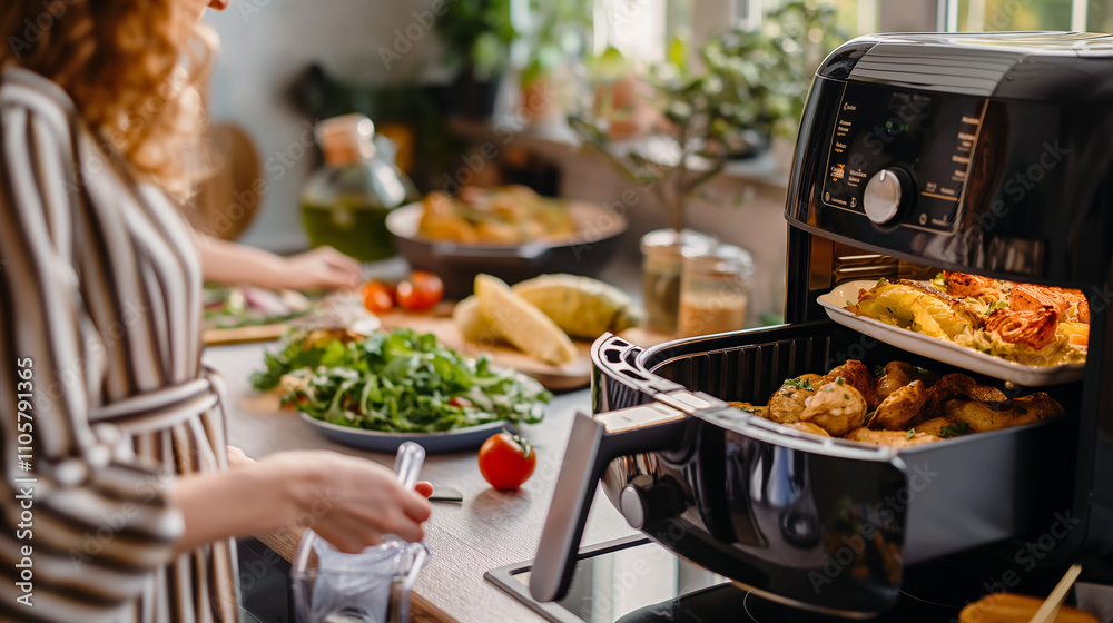 Obraz premium A busy parent multitasking in the kitchen, cooking multiple dishes simultaneously in different compartments of the air fryer