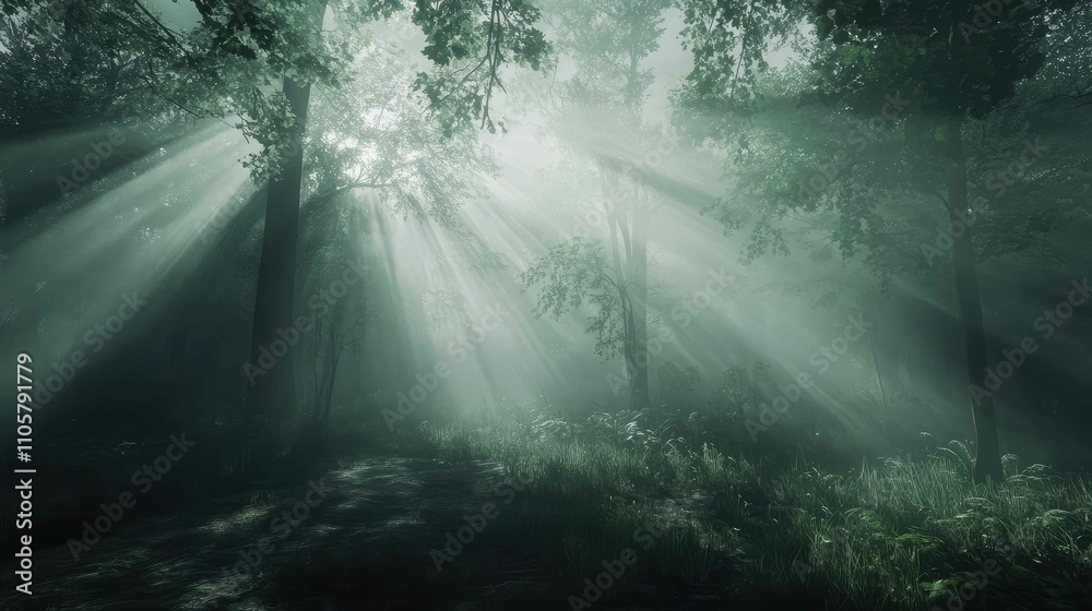 Rays of sunlight piercing through thick mist in a wooded area, creating dramatic, scattered beams on the forest floor Rays of sunlight piercing through thick mist in a wooded area, creating dramatic, scattered beams on the forest floor