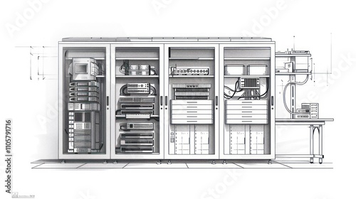 Technical illustration of a server room with network equipment, computers, and storage. photo