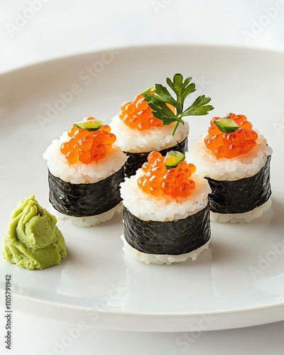 Gluten free delight Delicious sushi rolls with fish roe and wasabi.