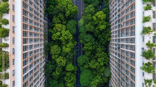 Urban greenery initiative balancing carbon footprint in architecture sustainable city planning aerial perspective environmental consideration #1105791962