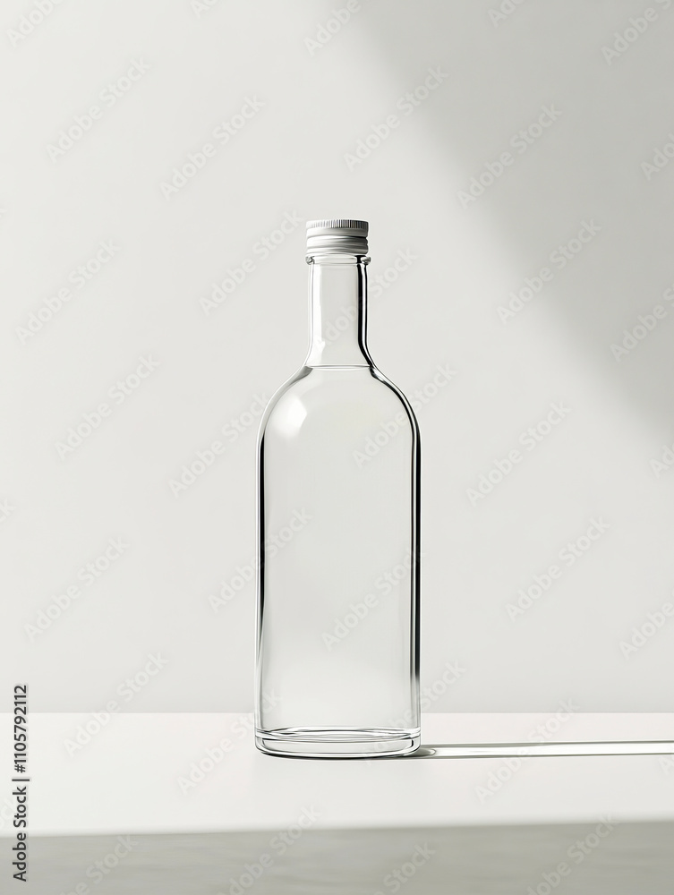 A clean, transparent glass bottle with a metal cap placed on a white surface, illuminated by soft, natural light A clean, transparent glass bottle with a metal cap placed on a white surface, illuminated by soft, natural light