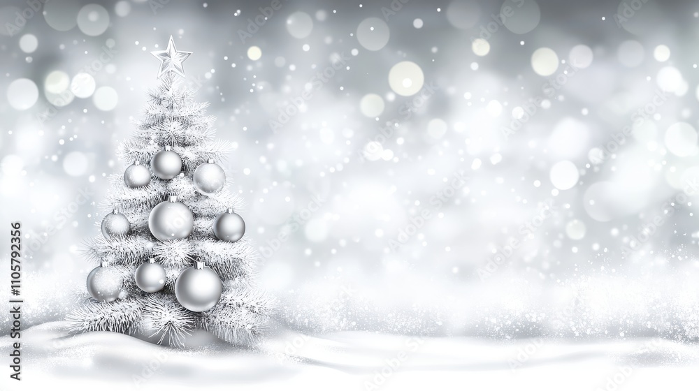 Elegant Silver Christmas Tree with Glittering Ornaments and Soft Snowfall on a Dreamy Background of Blurred Bokeh Lights and Winter Wonderland Ambiance Elegant Silver Christmas Tree with Glittering Ornaments and Soft Snowfall on a Dreamy Background of Blurred Bokeh Lights and Winter Wonderland Ambiance