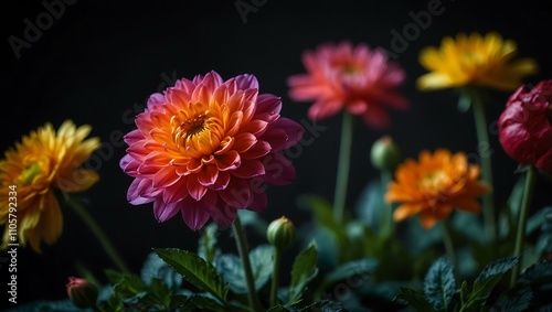Colorful flowers against a dark background, vivid and bright.