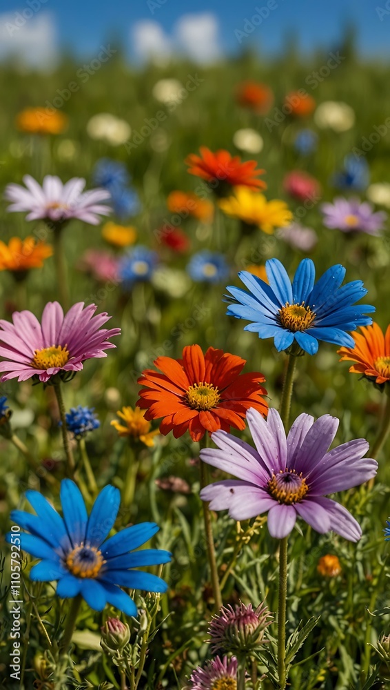 Fototapeta premium Colorful flowers in a green meadow under a blue sky.