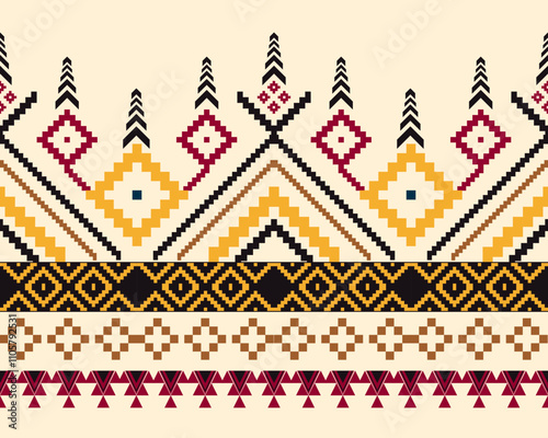 Embroidered cross-stitch ethnic fabric Geometric ornament ethnic pattern design. Use for fabric, textile, interior decoration elements, upholstery, and wrapping.