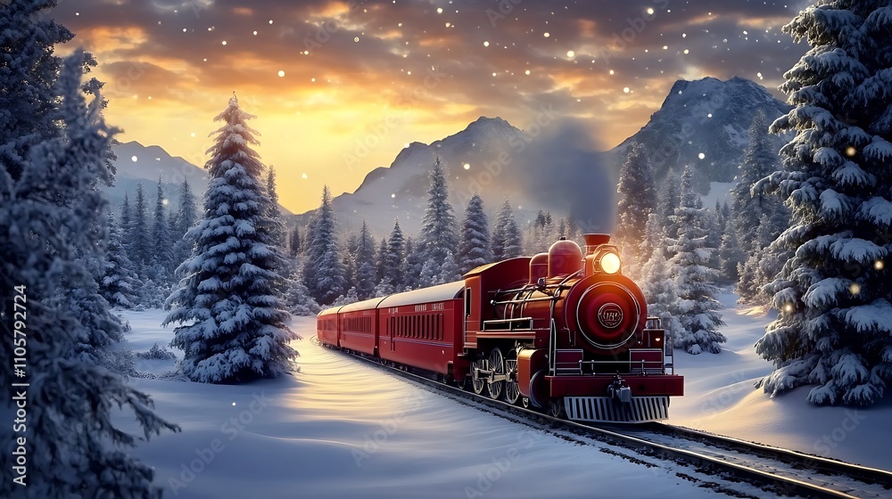 The enchanting journey of a Christmas train in a snowy woodland landscape. The enchanting journey of a Christmas train in a snowy woodland landscape.