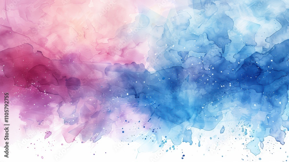 an abstract watercolor painting with a blend of colors. On the left side, there are shades of pink and purple, which gradually transition into blue tones towards the right