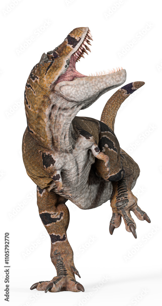 tyrannosaurus mcraeensis in a crazy up attack in white background side view tyrannosaurus mcraeensis in a crazy up attack in white background side view