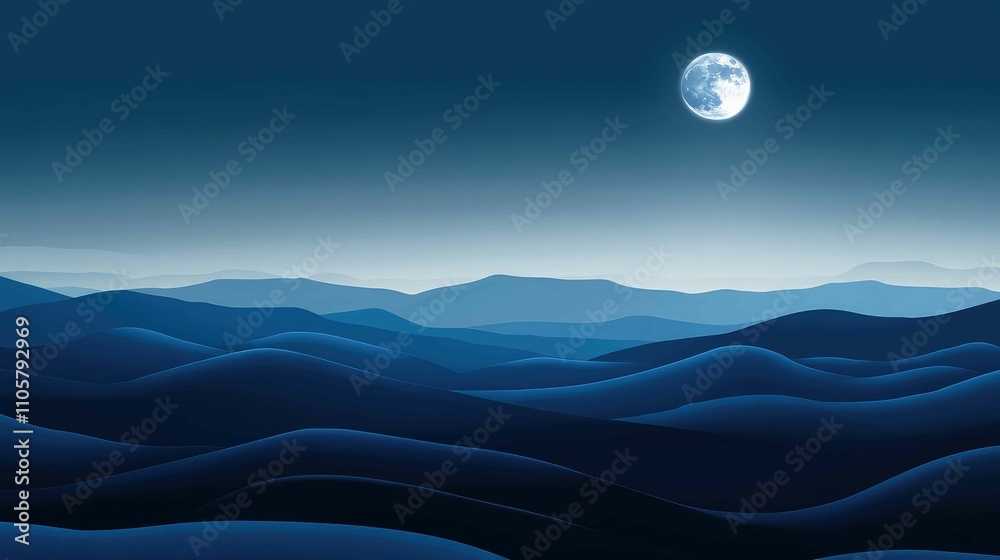 Rolling hills under a bright full moon, with subtle shadows enhancing the gentle contours of the landscape Rolling hills under a bright full moon, with subtle shadows enhancing the gentle contours of the landscape
