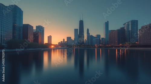 Chicago River Cityscape at Sunset