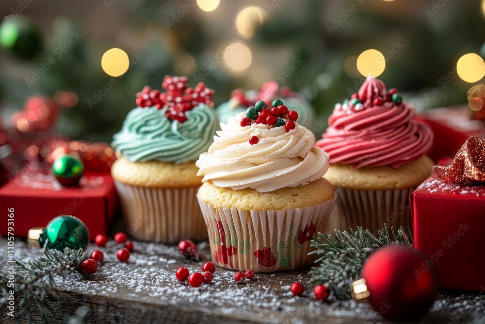 Christmas-themed cupcakes with colorful frosting and festive decorations, surrounded by red gift boxes and green lights on old wooden table.