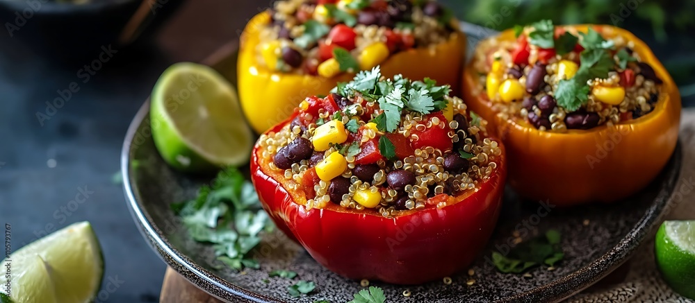 Quinoa and black beans packed into vibrant bell peppers. Quinoa and black beans packed into vibrant bell peppers.