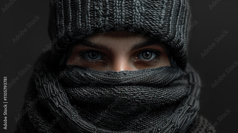 Close-up portrait of a woman's intense eyes partially hidden by a dark knitted hat and scarf. Close-up portrait of a woman's intense eyes partially hidden by a dark knitted hat and scarf.