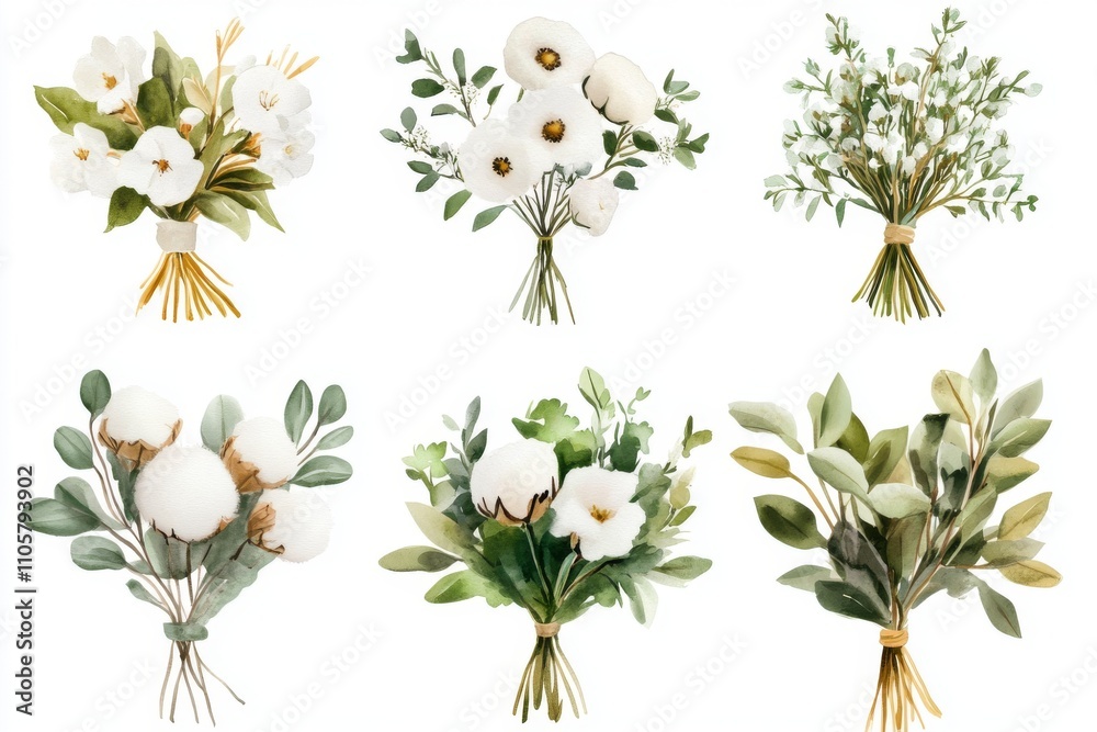 set of watercolor illustrations of boutonnieres made of white flowers and eucalyptus greenery on a white background, for printing on wedding invitations, fabric, etc. set of watercolor illustrations of boutonnieres made of white flowers and eucalyptus greenery on a white background, for printing on wedding invitations, fabric, etc.