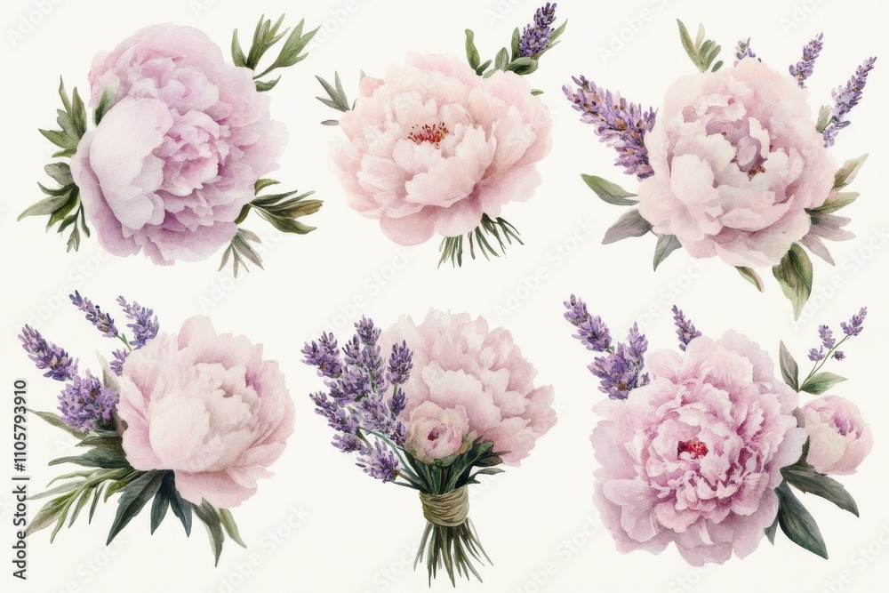 set of watercolor illustrations of pink peonies with lavender fragments on white background, for printing on wedding invitations, fabric etc. set of watercolor illustrations of pink peonies with lavender fragments on white background, for printing on wedding invitations, fabric etc.