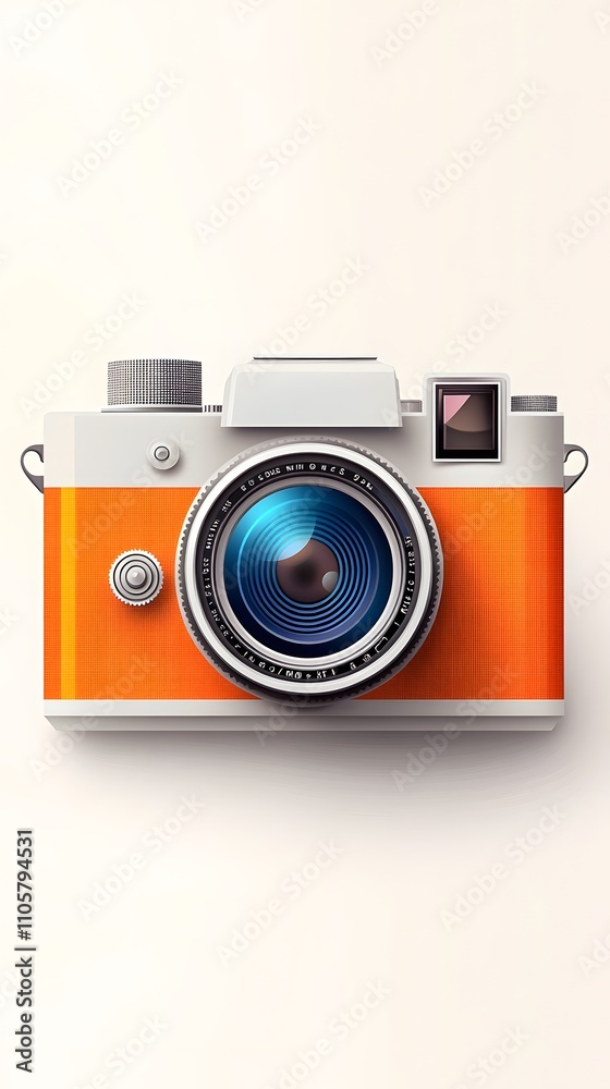 A cute, retro-style camera icon in orange and silver, with a blue lens and a white background A cute, retro-style camera icon in orange and silver, with a blue lens and a white background