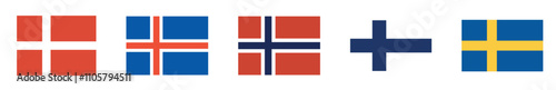 Flags of Nordic countries featuring Denmark, Iceland, Norway, Finland, and Sweden displayed in a vector style.