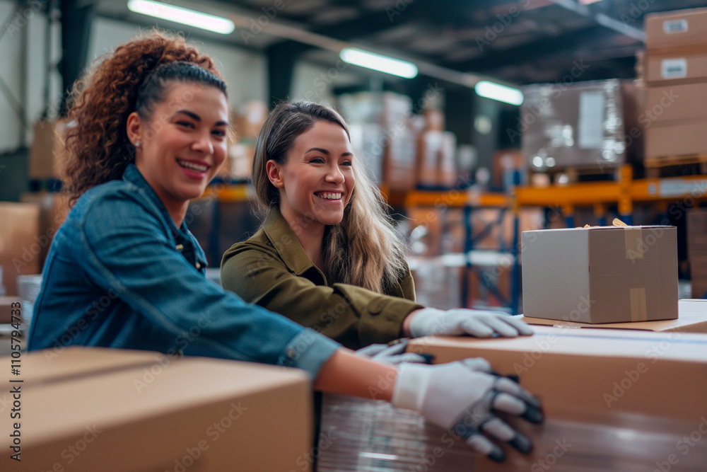 Two happy women preparing packages for delivery in warehouse together Two happy women preparing packages for delivery in warehouse together